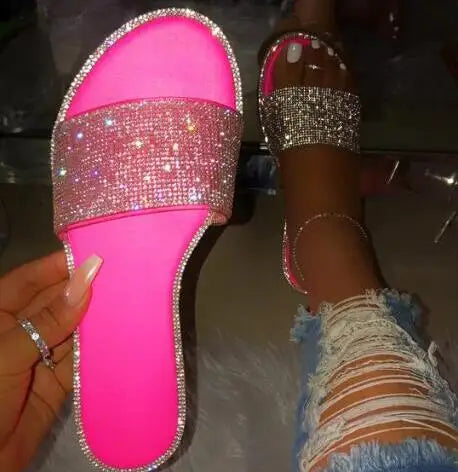 Glitter Slippers Women Summer Sandals 2023 Fashion Bling Female Candy Color Flip Flops Beach Diamond Flat Shoes Outdoor Sandals