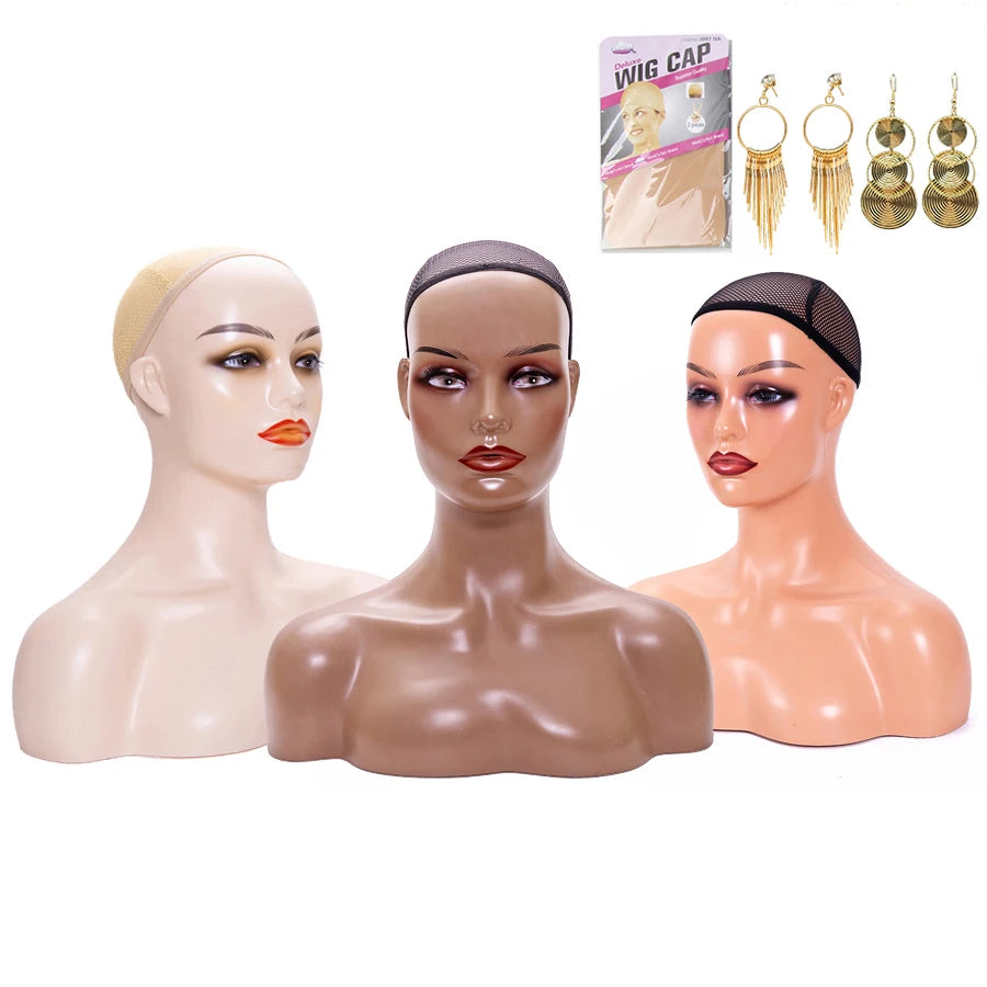 Weibliche Schaufensterpuppenkopf mit Schulter Mannequin Kopf Büste Perückenkopf Ständer mit Make-up für Perücken Präsentation Halskette Kostenlose Ohrringe, Perückenkappe