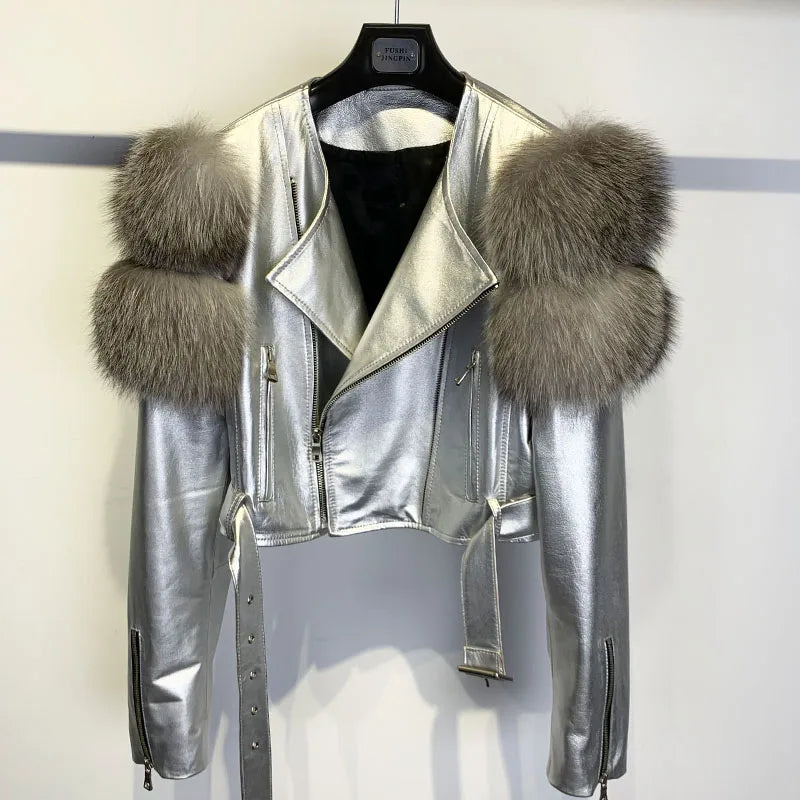 GO BALLISTIC YA Ladies' Genuine Leather Jacket with Fur Sleeve Women's Natural Lambskin Outfit