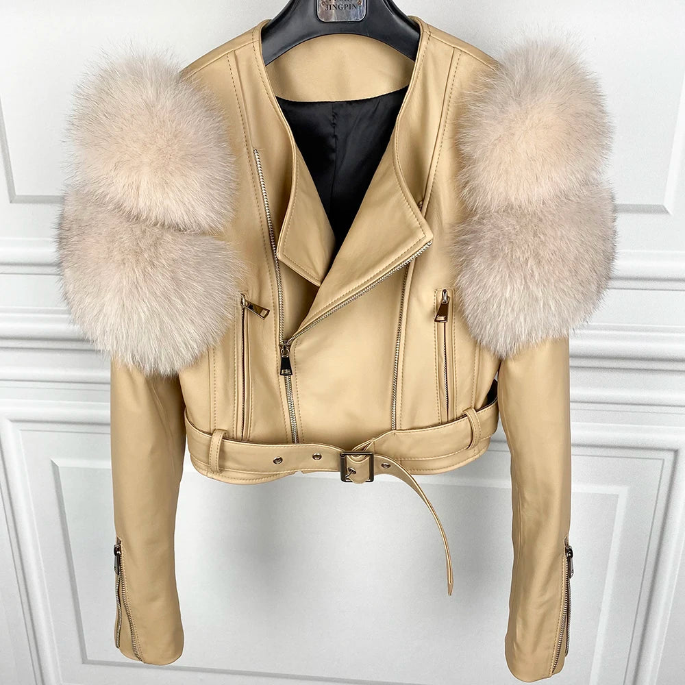 GO BALLISTIC YA Ladies' Genuine Leather Jacket with Fur Sleeve Women's Natural Lambskin Outfit