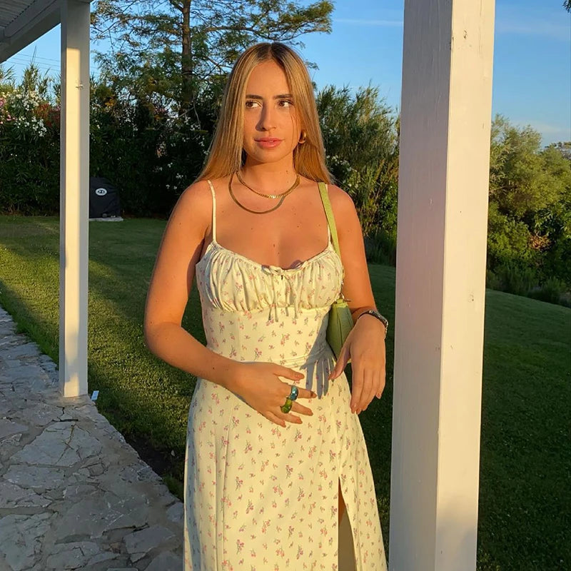 Hugcitar 2025 Sleeveless Satin Slip Floral Ruched Bandage Cut Out Maxi Dress Summer Women Fashion Sexy Party Club Robe Kpytomoa