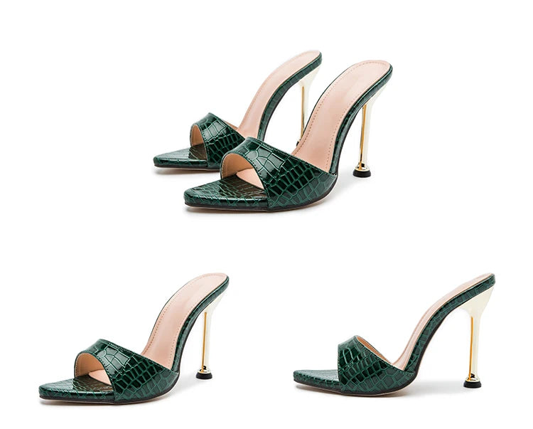 Damen Slipper Schlangenmuster Riemchen High Heels Slipper Sandalen Spitz zulaufende Zehen Slides Pumps Schuhe für Damen Frauen Sommer