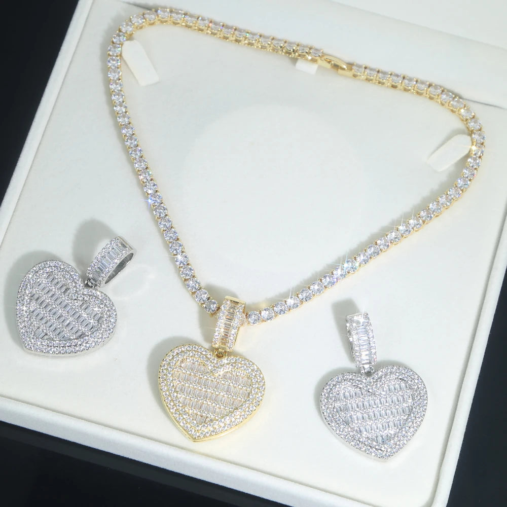 Auf Lager Iced Out Bling Damen Schmuck 5A Weißer Zirkonia Herzanhänger Halskette Mit Tennis Box Chain