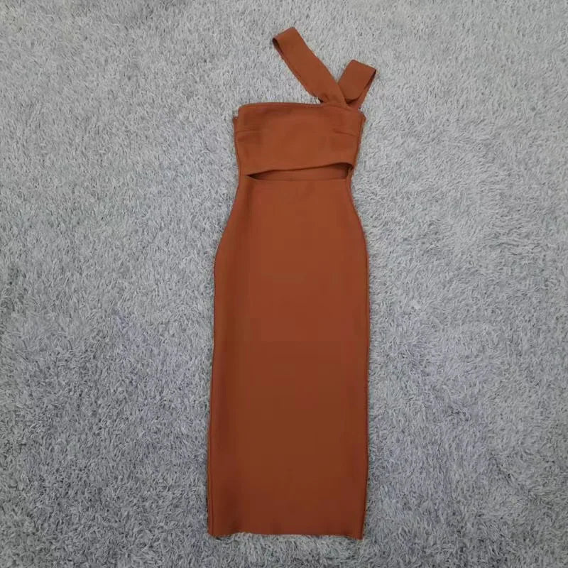 Damen Sommer sexy ausgehöhltes braunes Midi knielanges Bodycon-Bandagekleid 2023 Designer elegantes Abendpartykleid Vestido