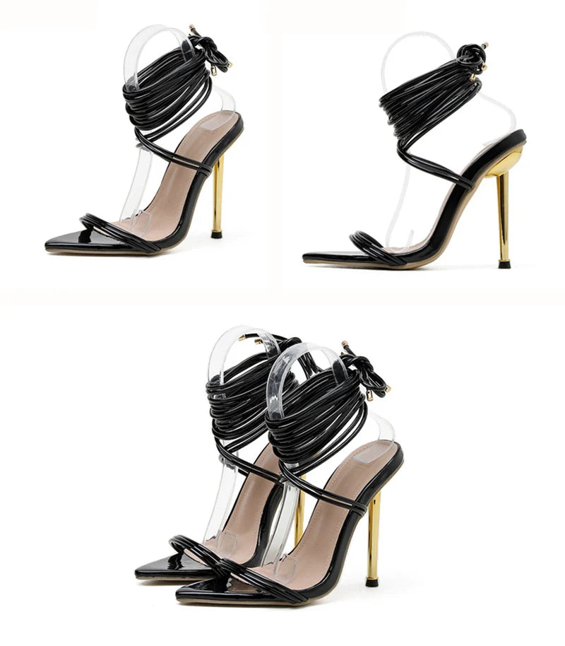 Sommer 12CM Gladiator High-Heel Sandalen für Damen Mode Spitze Offene Zehen Schnür-Stiletto Damen Riemchen-Hochzeitsschuhe Schwarz Rot