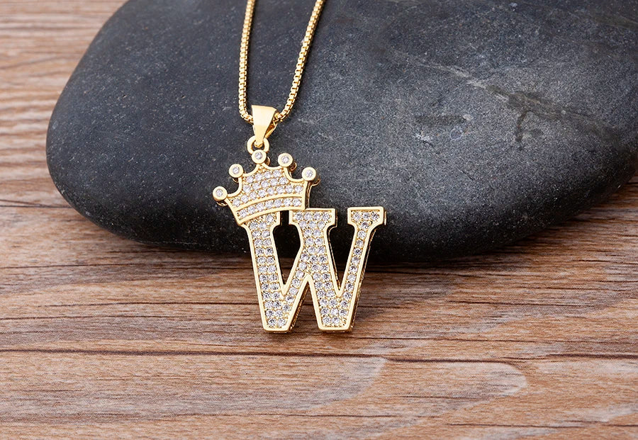 Nidin New Luxury Copper Zircon A-Z Crown Alphabet Pendant Chain Necklace Hip-Hop Style Fashion Woman Man Initial Name Jewelry