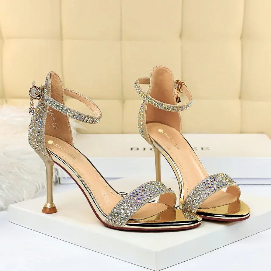 Damen Sommer Sandalen 8.5cm High Heels Strass Kristall Mittelhohe Absätze Knöchelriemchen Sandalen Damen Hochzeit Event Party Goldene Schuhe