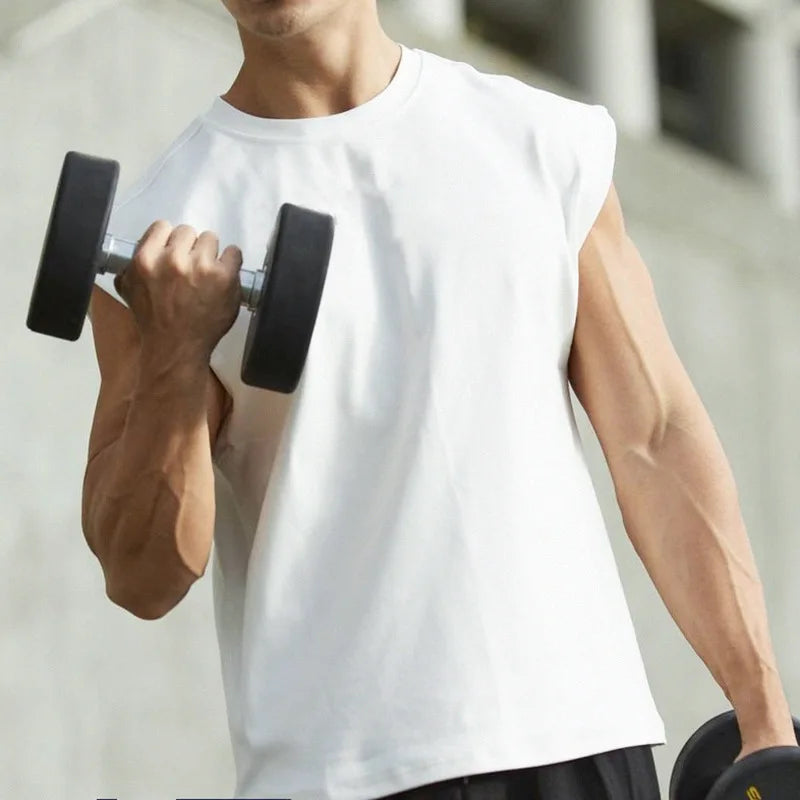 New Men O-neck Tank Top Pure Color Cotton Summer Vest Gym Muscle Bodybuilding Streetwear Sleeveless Shirt Workout Fitness Sport