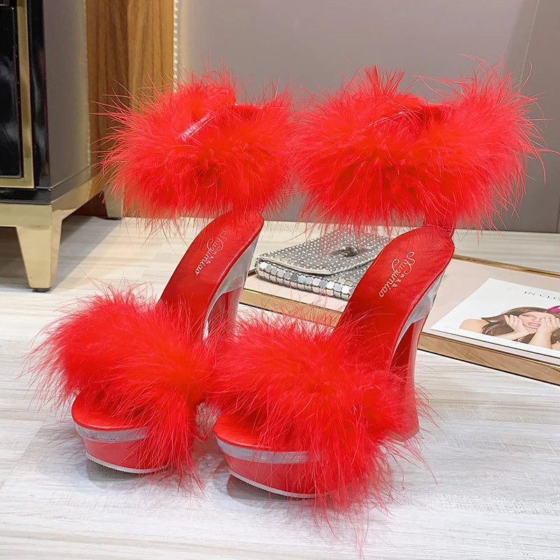 2021 New 4 Color Feather Thick High Heels Platform Sandals Women 14cm 17cm Heels Shoes Female Summer Hair Wedding Pumps Shoes