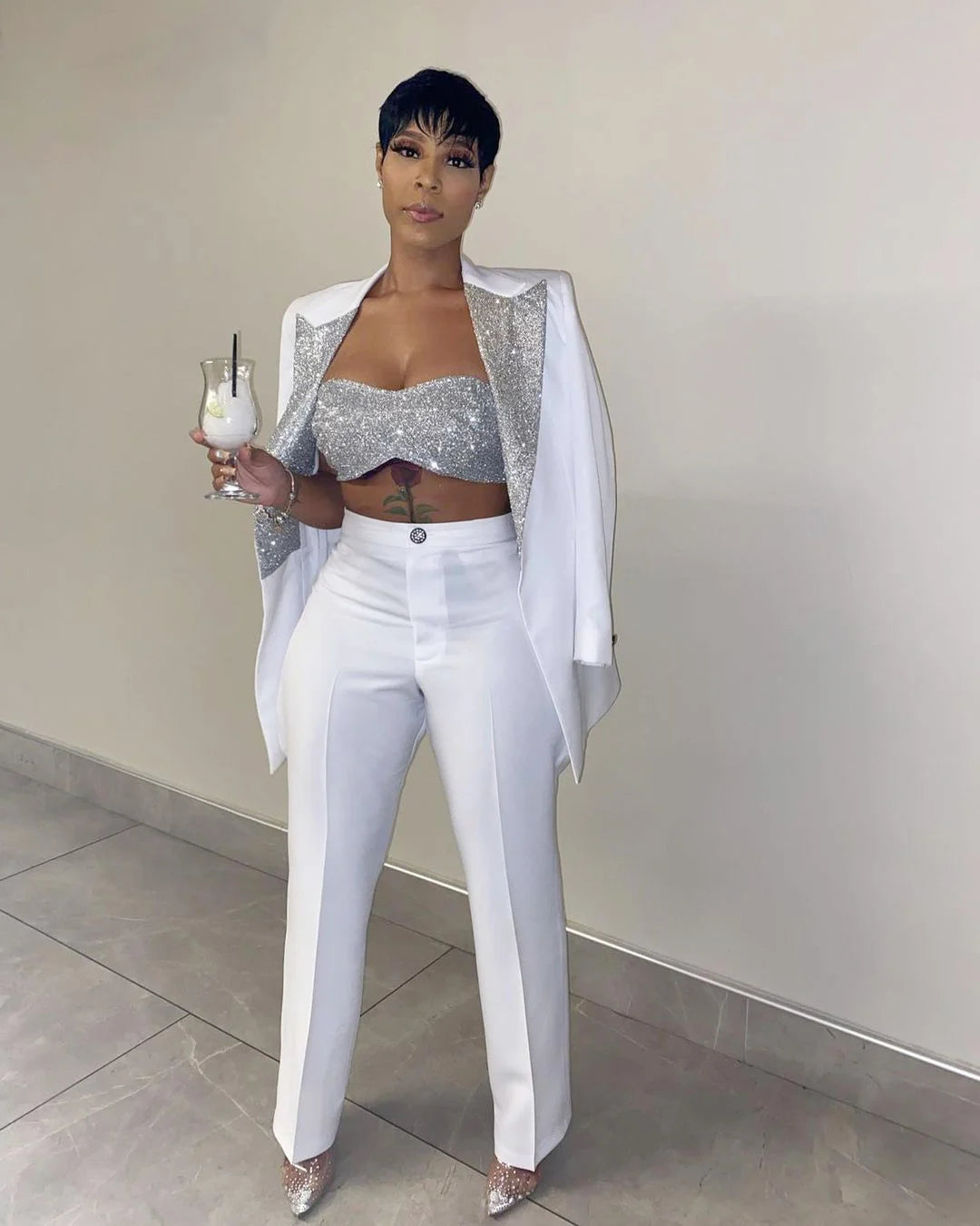 White Silver Customized Suits For Wedding Sequins Mother of the Bride Pants Suit Evening Party Tuxedos Formal Wear 2 Pieces