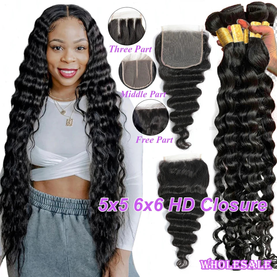 15A Loose Deep Wave Bundle With HD Closure 4X4 5x5 6x6 100% Virgin Brazilian Hair Weave Bundles 3/4 Bundle Deal  8-40" Wholeasle