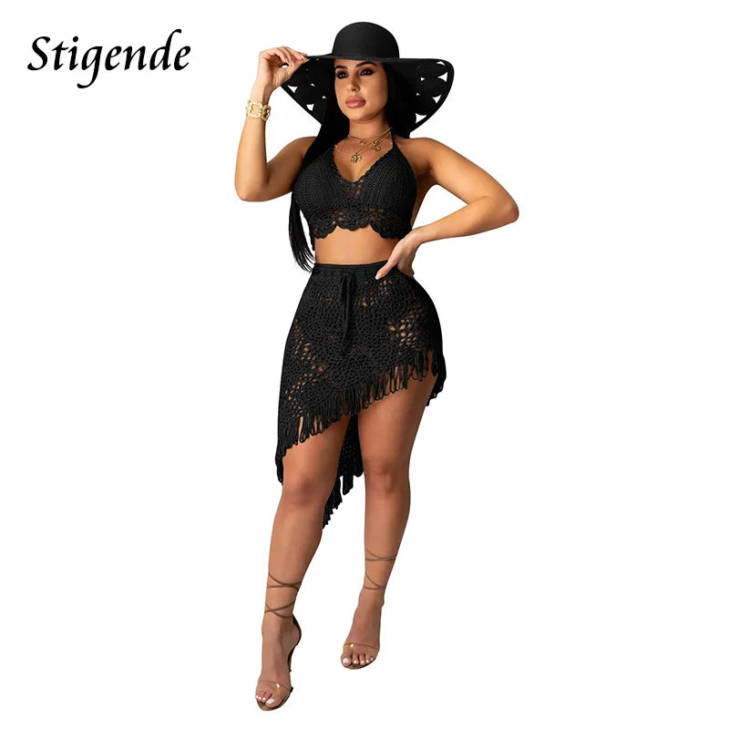 Stigende Women Irregular Two Piece Skirt Cover Up Summer Beach 2 Piece Knitted Swim Set Sexy Bandage Hollow Out Crochet Swimsuit