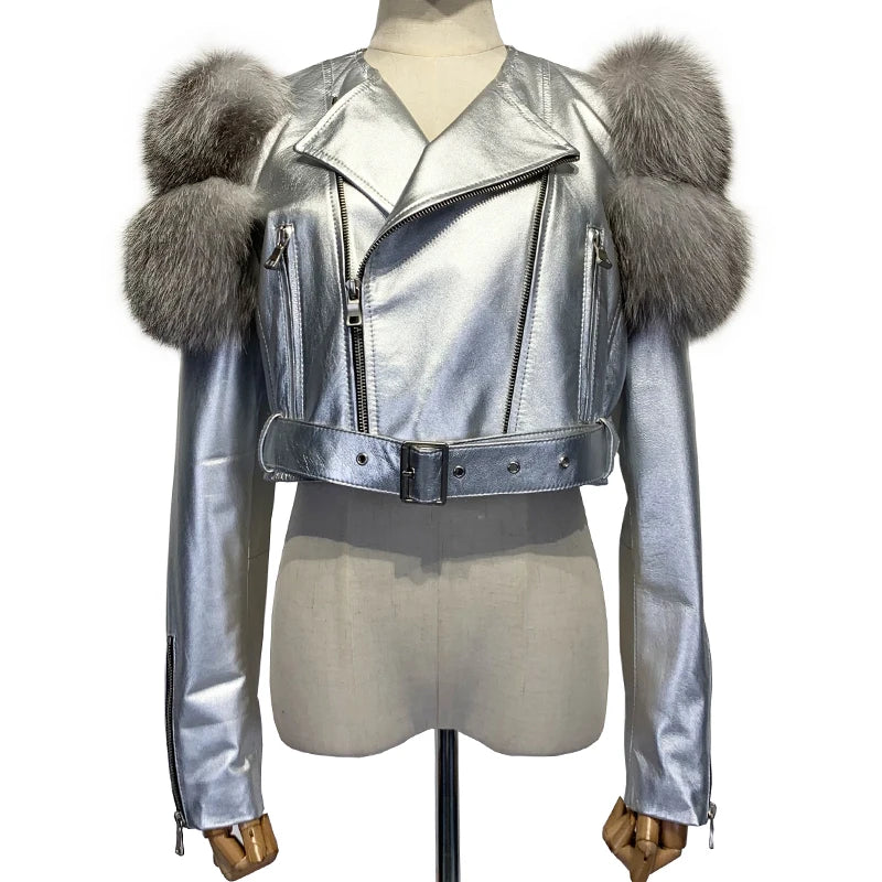 GO BALLISTIC YA Women Leather Jacket With Fur Sleeve Fashion Ladies Crop Jacket