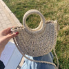 Straw Bag Women Hand-Woven Handbag Moon Shape Lace Bow Rattan Bag Big Capacity Drawstring Casual Beach Shoulder Crossbody Bag