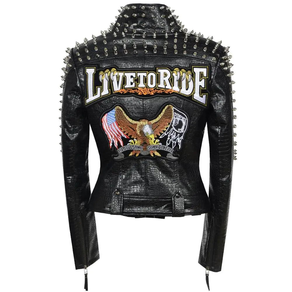 SX Occident Fashion women Club hot style Stud slim fit jacket shoulder rivets zip stitching short PU leather rock coat