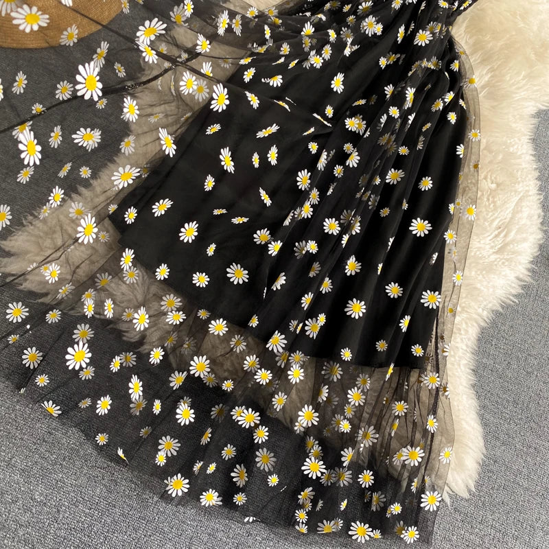 YuooMuoo Koreanische Mode Gänseblümchen Blumendruck Mesh Partykleid Sommer Zweilagiges Spaghettiträger Urlaub Midi Kleid Strandkleid
