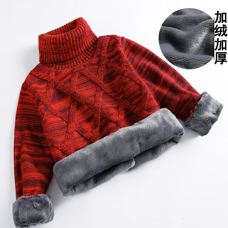 boys Plus velvet Warm turtleneck sweater Pullovers plush inside Thicken sweaters girls Winter Autumn Knitted Loose jacket 2-10Y