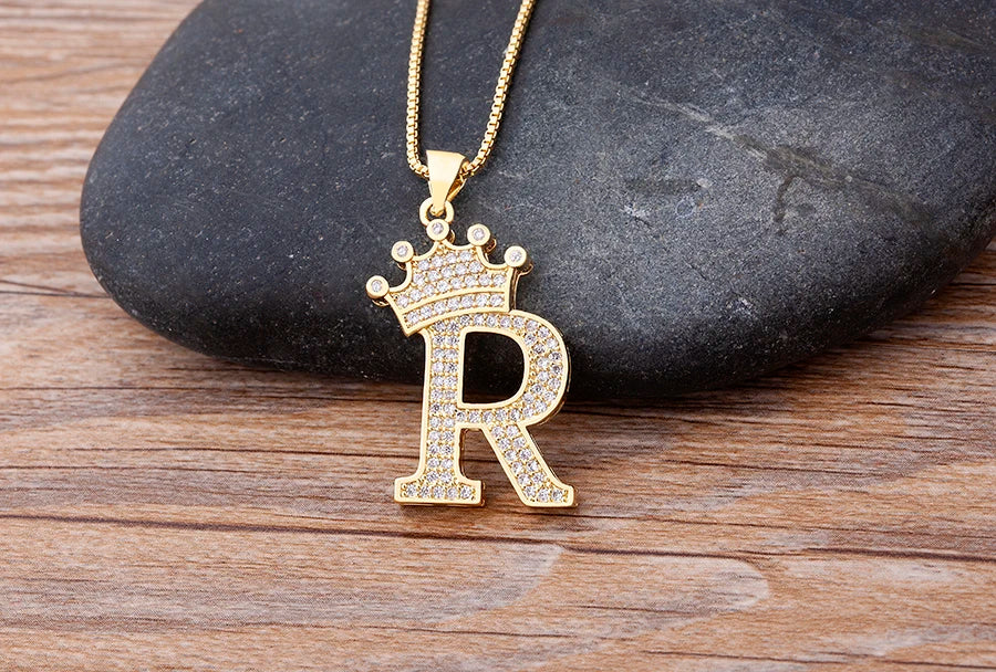 Nidin New Luxury Copper Zircon A-Z Crown Alphabet Pendant Chain Necklace Hip-Hop Style Fashion Woman Man Initial Name Jewelry