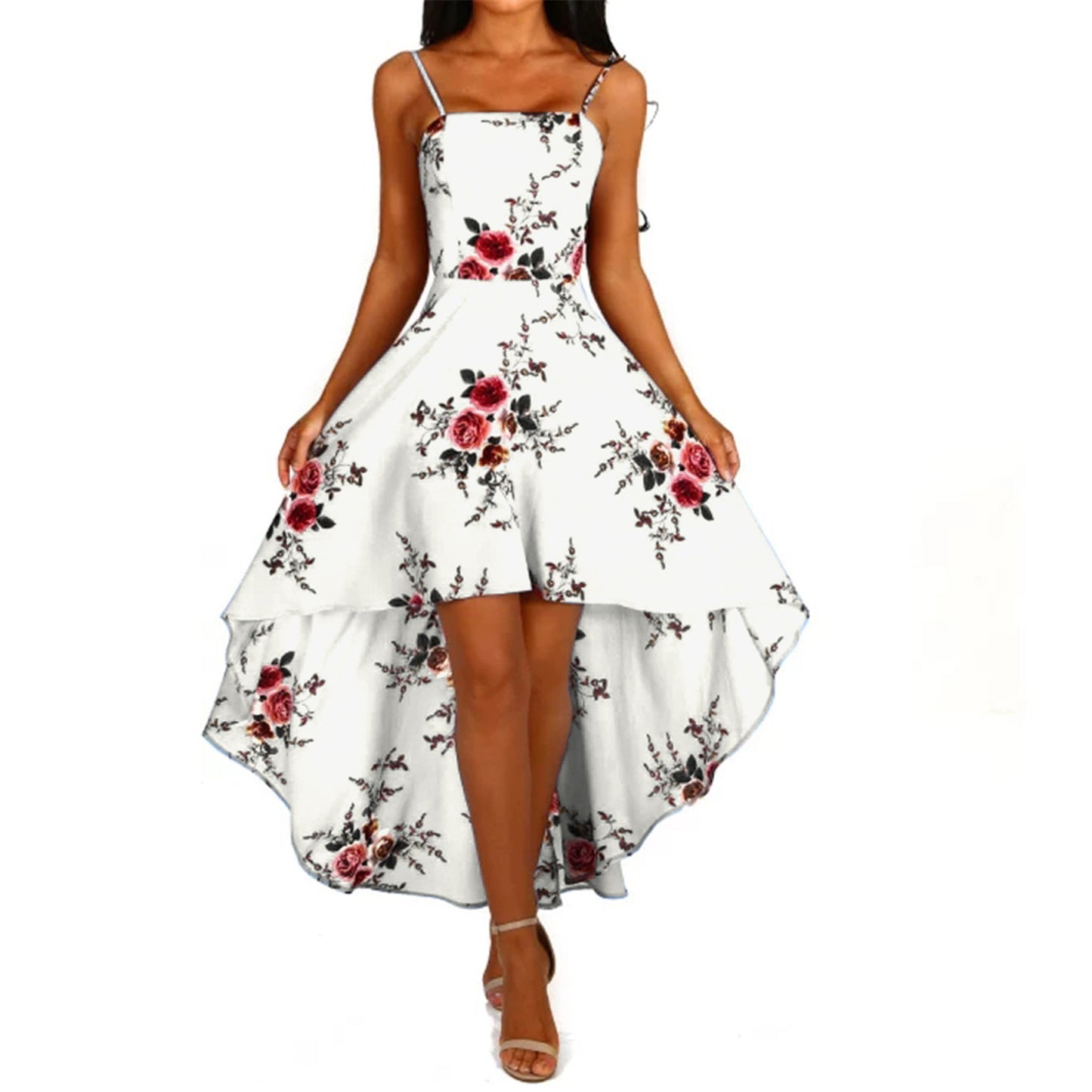 Women Holiday Floral Print Long Dresses Summer Spaghetti Strap Beach Swing Party A Line Dress Sexy Backless Irregular Dress Robe