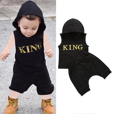 0-36M Baby Boys Clothes Set Letter King Print Hoodie For Boys Solid Black Sleeveless Sweatshirt Boys Pants Outfits Baby Boy Set