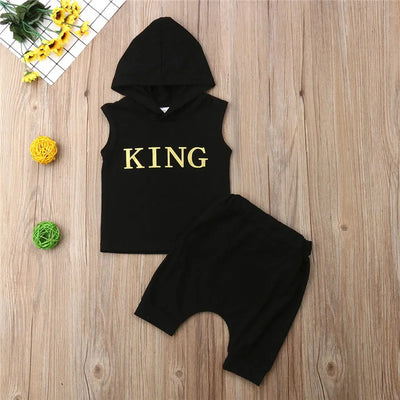 0-36M Baby Boys Clothes Set Letter King Print Hoodie For Boys Solid Black Sleeveless Sweatshirt Boys Pants Outfits Baby Boy Set