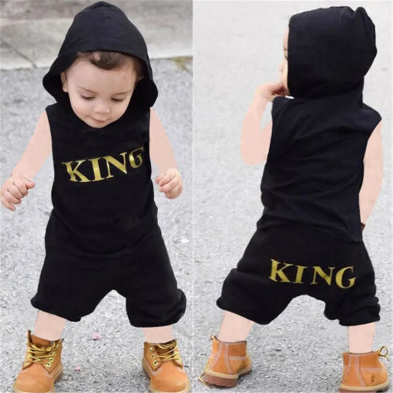 0-36M Baby Boys Clothes Set Letter King Print Hoodie For Boys Solid Black Sleeveless Sweatshirt Boys Pants Outfits Baby Boy Set