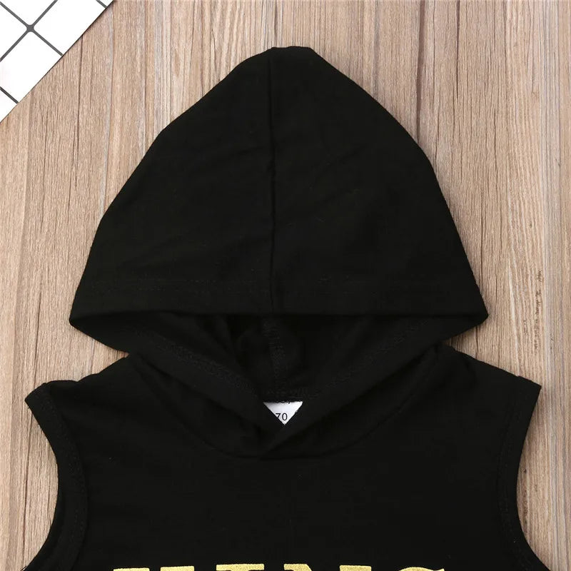 0-36M Baby Boys Clothes Set Letter King Print Hoodie For Boys Solid Black Sleeveless Sweatshirt Boys Pants Outfits Baby Boy Set
