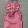 BEAUKEY Qualität 2-teiliges Set glänzendes Metallic Roségold Bodycon Top & Rock Neues Mini Kurzes Sexy Party Nachtclub Set