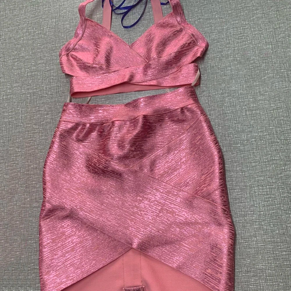 BEAUKEY Qualität 2-teiliges Set glänzendes Metallic Roségold Bodycon Top & Rock Neues Mini Kurzes Sexy Party Nachtclub Set