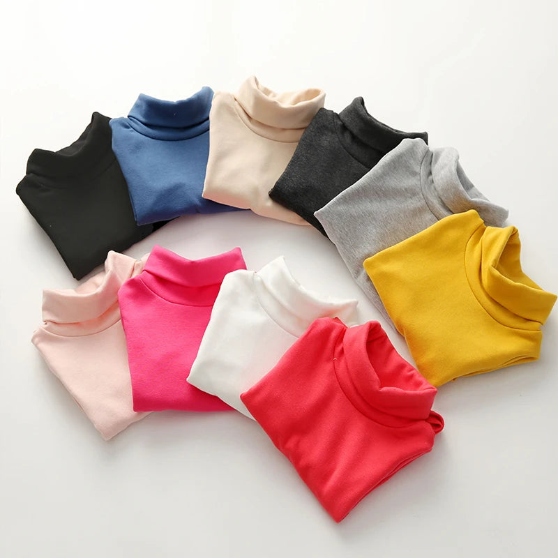 2025 Spring Autumn 2-10 Years Children'S Candy Color Sweet Long Sleeve High Neck Unisex Kids Girl Boy Basic Turtleneck T-Shirt