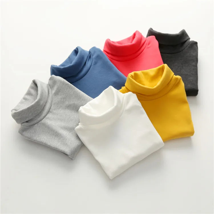 2025 Spring Autumn 2-10 Years Children'S Candy Color Sweet Long Sleeve High Neck Unisex Kids Girl Boy Basic Turtleneck T-Shirt
