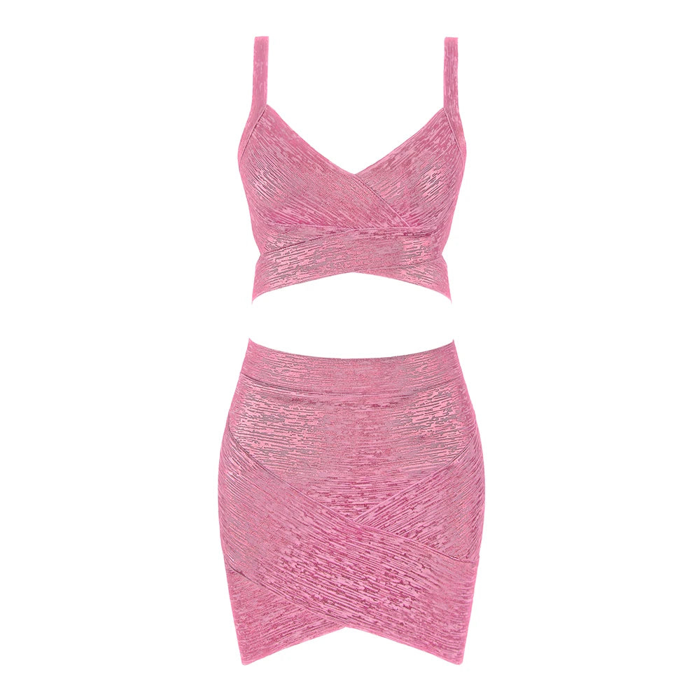 BEAUKEY Qualität 2-teiliges Set glänzendes Metallic Roségold Bodycon Top & Rock Neues Mini Kurzes Sexy Party Nachtclub Set