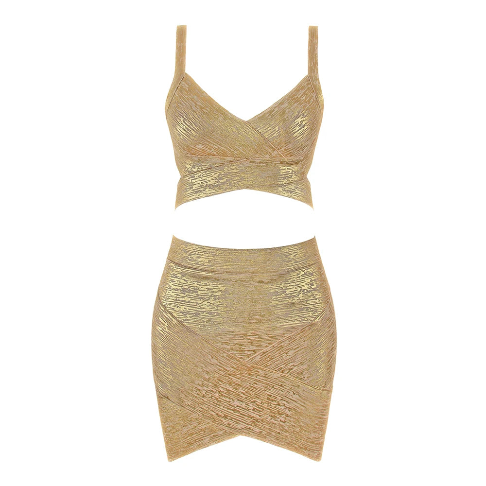 BEAUKEY Qualität 2-teiliges Set glänzendes Metallic Roségold Bodycon Top & Rock Neues Mini Kurzes Sexy Party Nachtclub Set