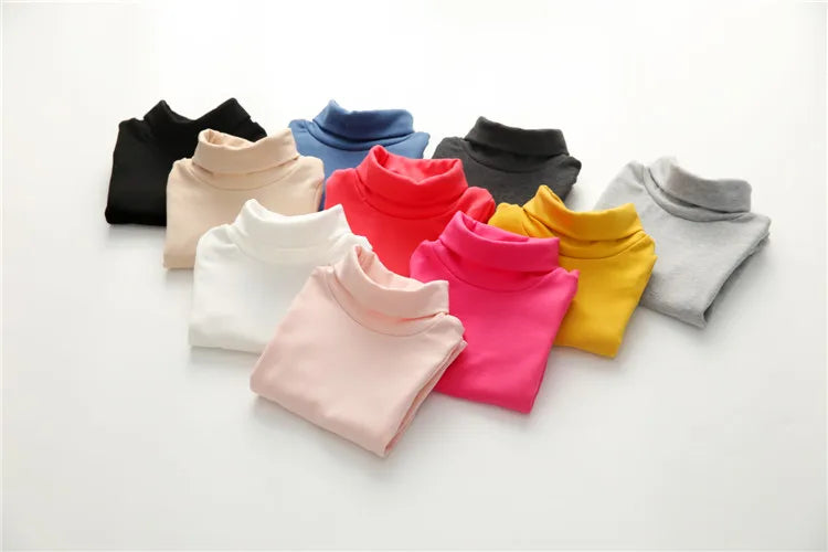 2025 Spring Autumn 2-10 Years Children'S Candy Color Sweet Long Sleeve High Neck Unisex Kids Girl Boy Basic Turtleneck T-Shirt
