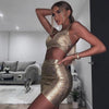 BEAUKEY Qualität 2-teiliges Set glänzendes Metallic Roségold Bodycon Top & Rock Neues Mini Kurzes Sexy Party Nachtclub Set