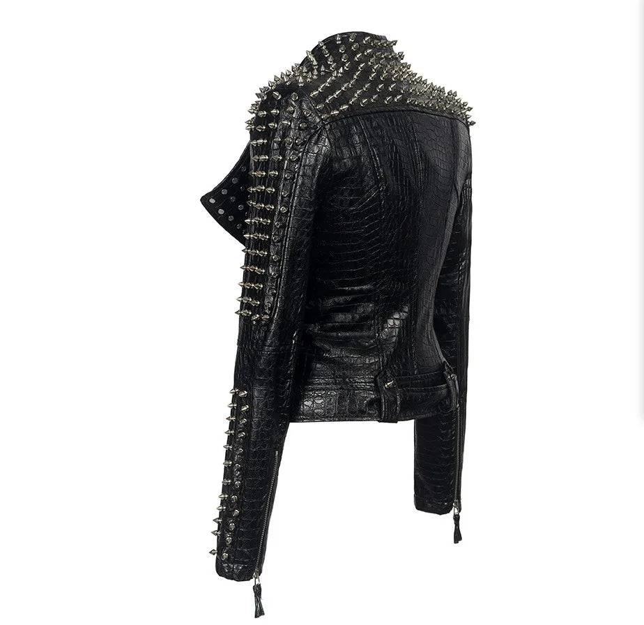 SX Occident Fashion women Club hot style Stud slim fit jacket shoulder rivets zip stitching short PU leather rock coat