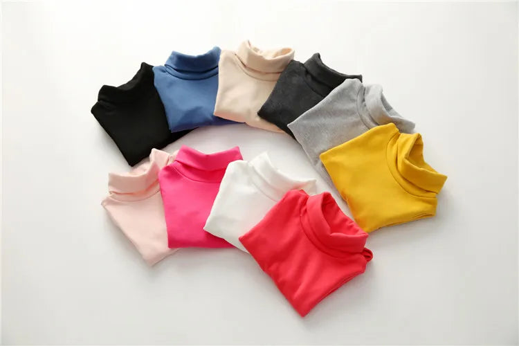 2025 Spring Autumn 2-10 Years Children'S Candy Color Sweet Long Sleeve High Neck Unisex Kids Girl Boy Basic Turtleneck T-Shirt