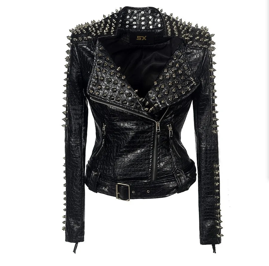 SX Occident Fashion women Club hot style Stud slim fit jacket shoulder rivets zip stitching short PU leather rock coat