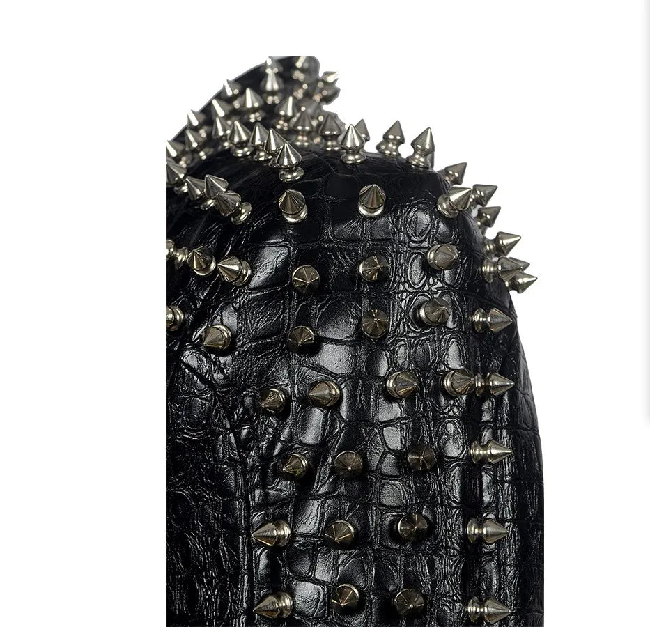 SX Occident Fashion women Club hot style Stud slim fit jacket shoulder rivets zip stitching short PU leather rock coat