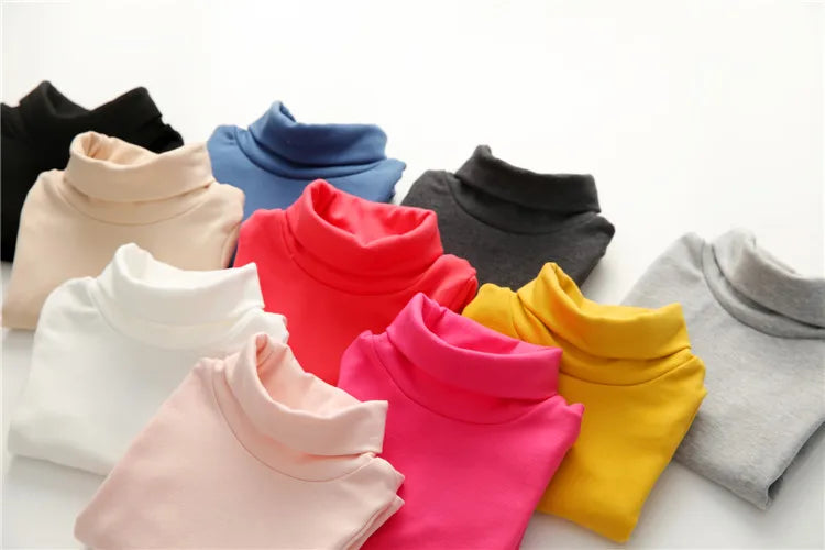 2025 Spring Autumn 2-10 Years Children'S Candy Color Sweet Long Sleeve High Neck Unisex Kids Girl Boy Basic Turtleneck T-Shirt