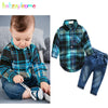 2Piece Spring Autumn Newborn Boy Clothes Korean Outfit Sets Fashion Plaid Long Sleeve Bodysuit+Jeans Baby Luxury Clothing BC1328