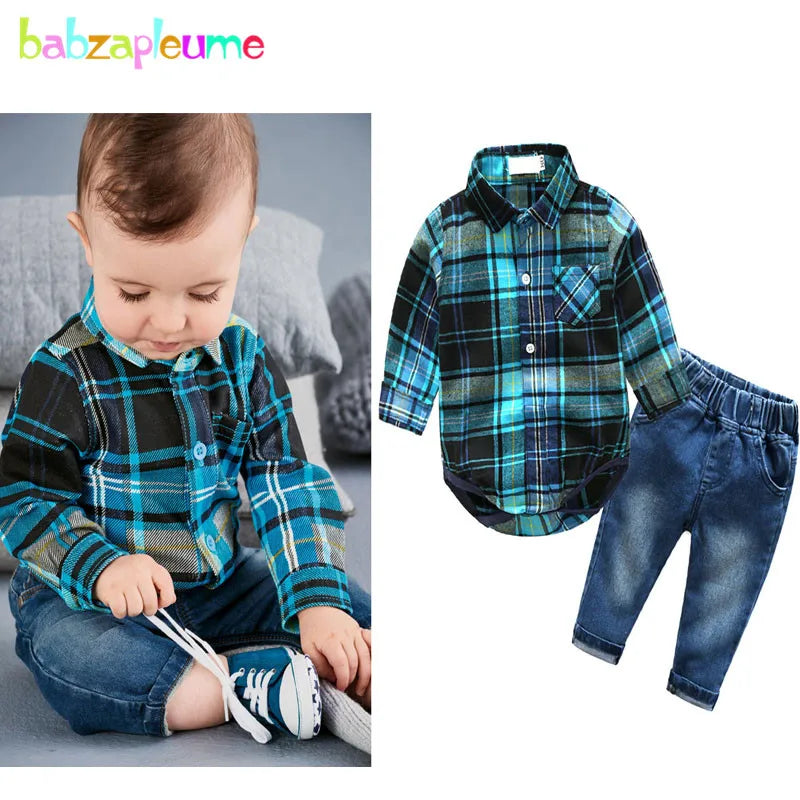 2Piece Spring Autumn Newborn Boy Clothes Korean Outfit Sets Fashion Plaid Long Sleeve Bodysuit+Jeans Baby Luxury Clothing BC1328