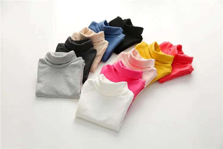2025 Spring Autumn 2-10 Years Children'S Candy Color Sweet Long Sleeve High Neck Unisex Kids Girl Boy Basic Turtleneck T-Shirt