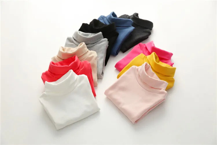 2025 Spring Autumn 2-10 Years Children'S Candy Color Sweet Long Sleeve High Neck Unisex Kids Girl Boy Basic Turtleneck T-Shirt