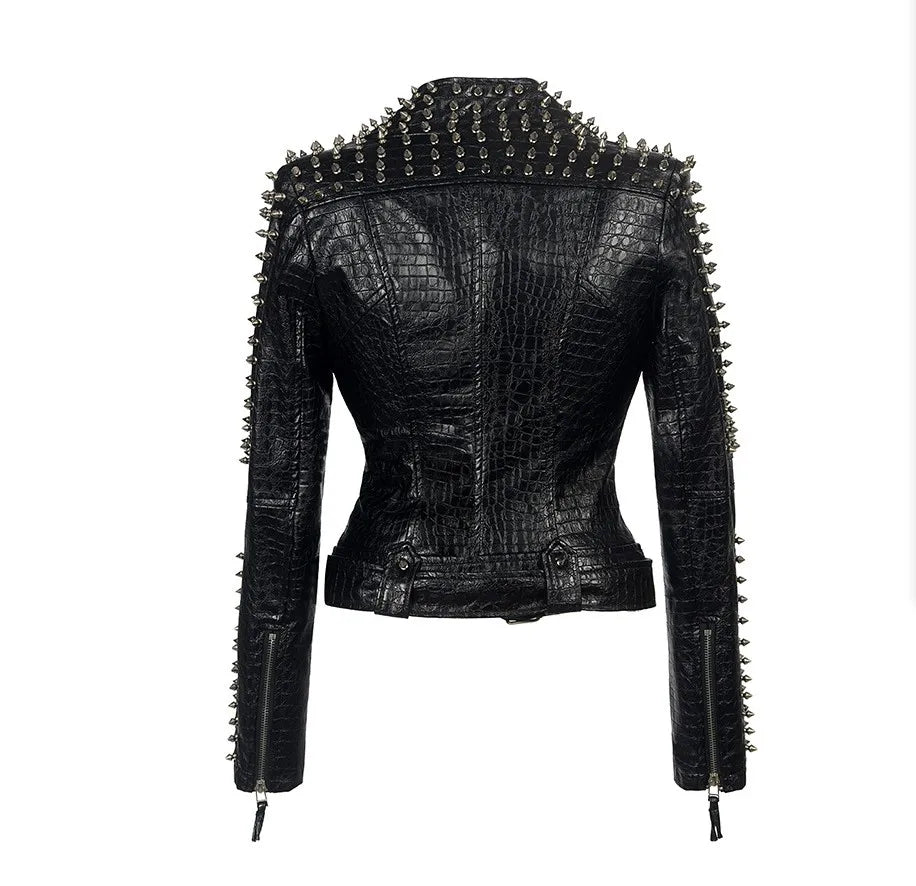 SX Occident Fashion women Club hot style Stud slim fit jacket shoulder rivets zip stitching short PU leather rock coat
