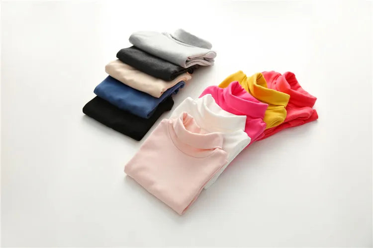 2025 Spring Autumn 2-10 Years Children'S Candy Color Sweet Long Sleeve High Neck Unisex Kids Girl Boy Basic Turtleneck T-Shirt