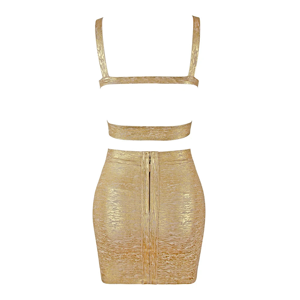 BEAUKEY Qualität 2-teiliges Set glänzendes Metallic Roségold Bodycon Top & Rock Neues Mini Kurzes Sexy Party Nachtclub Set
