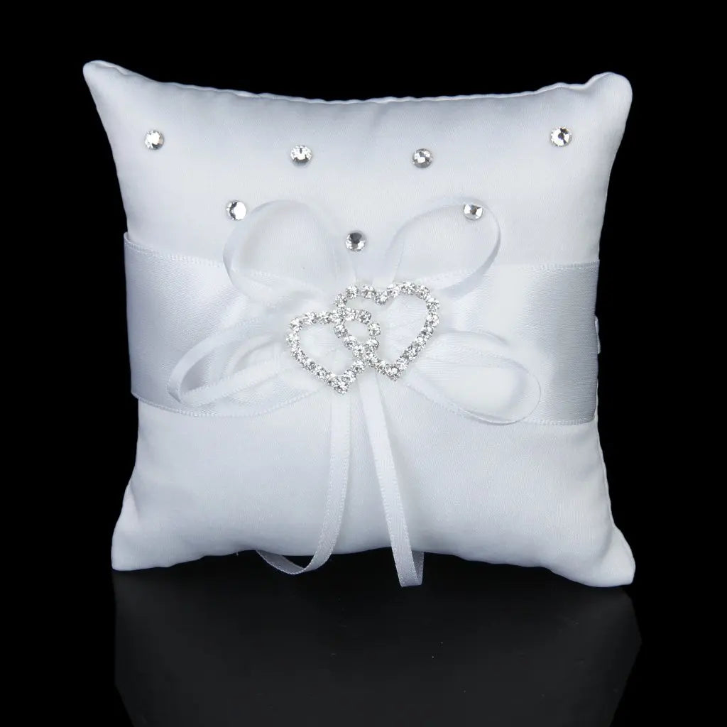 Weißes Doppeltes Herz Strass Ringkissen Hochzeit Ringträger Kissen 10*10cm