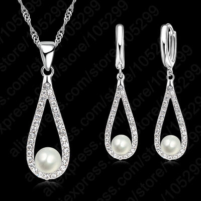 925 Sterling Silber Glänzende Kristall Wassertropfen Perlen Halskette Ohrringe Schmucksets für Frauen Feiner Schmuck Hochzeitsgeschenk Großhandel