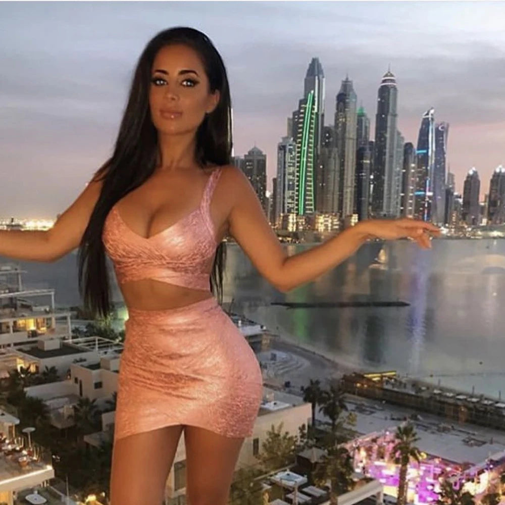 BEAUKEY Qualität 2-teiliges Set glänzendes Metallic Roségold Bodycon Top & Rock Neues Mini Kurzes Sexy Party Nachtclub Set